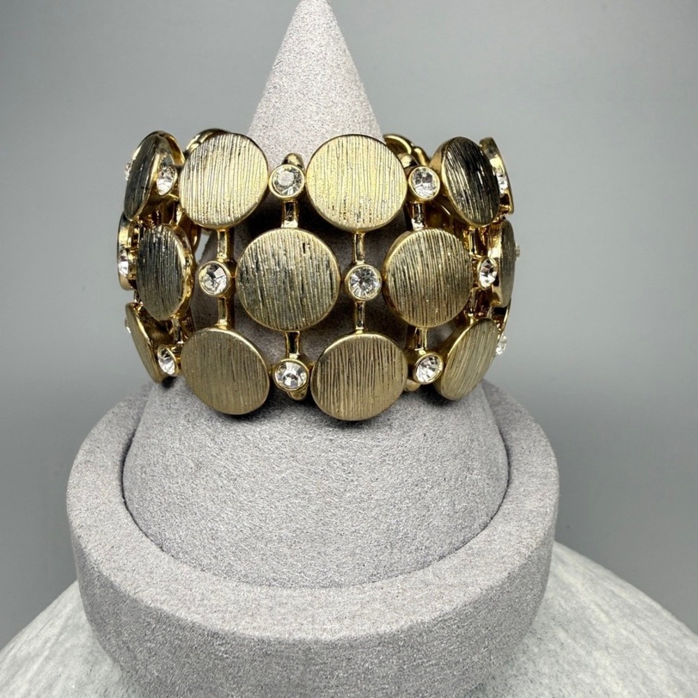 Chunky Gold Tone Textured Disc Rhinestone Stretch Cuff Bracelet 6.5" Statement